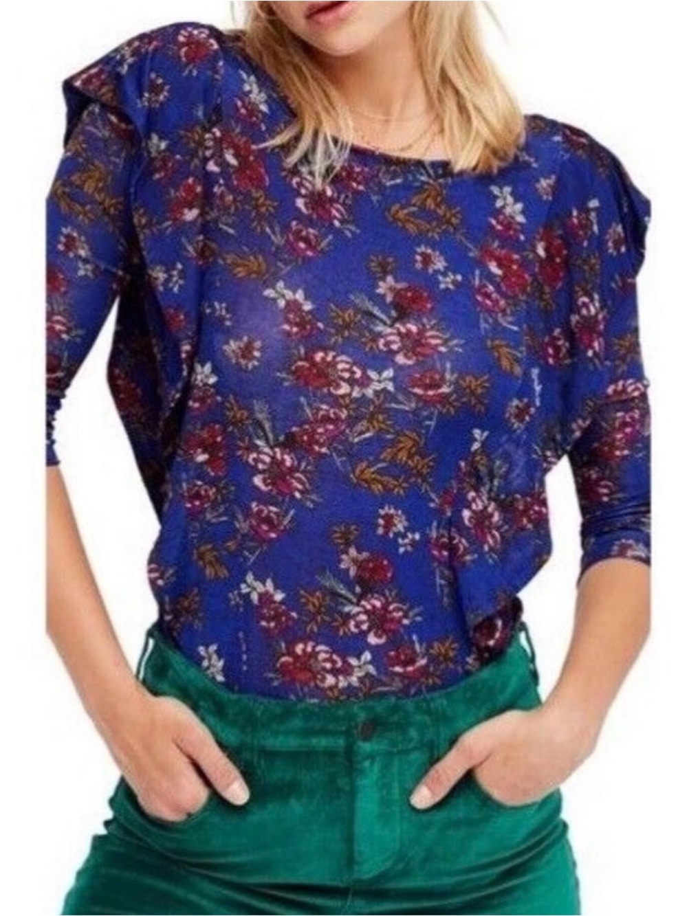 Free People Dock Street Top Blue Floral Combo XS NWT